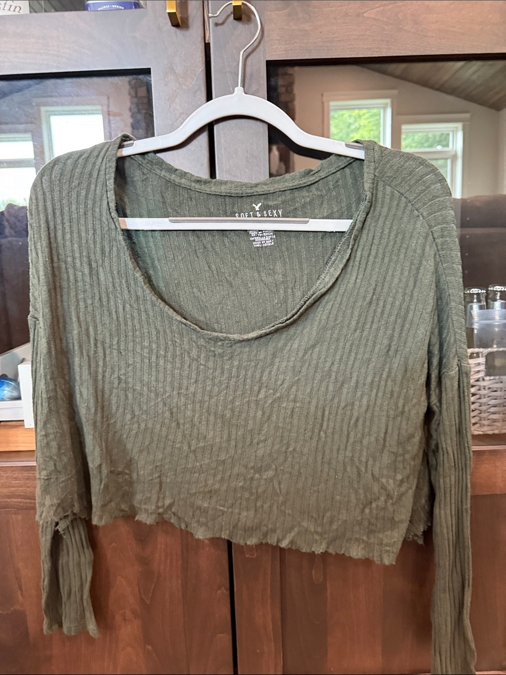 American Eagle Outfitters Olive Ribbed Long Sleeve Crop Top